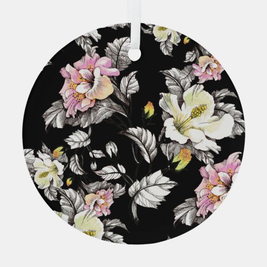 鮮やかなフローラ水色:黒い背景 ガラスオーナメント (裏面)
