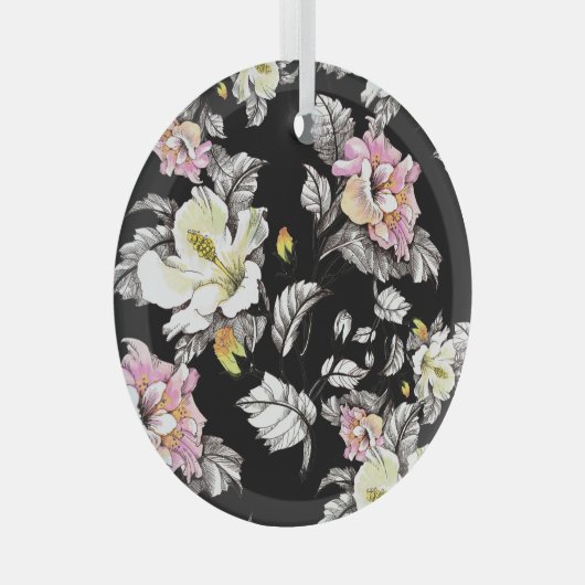 鮮やかなフローラ水色:黒い背景 ガラスオーナメント (正面右)