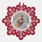 鮮やかなブルゴーニュ雪の結晶ハッピーホリデイズ写真 オーナメントカード (正面)