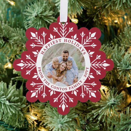 鮮やかなブルゴーニュ雪の結晶ハッピーホリデイズ写真 オーナメントカード (インサイチュ (木))