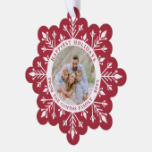 鮮やかなブルゴーニュ雪の結晶ハッピーホリデイズ写真 オーナメントカード (左)