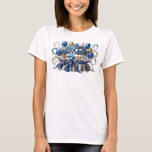 鮮やかなブルーのHAPPY BIRTHDAY 3RD プリント Tシャツ (正面)