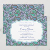 鮮やかなペイズリー ブルー ベビーシャワー 招待状 (正面/裏面)