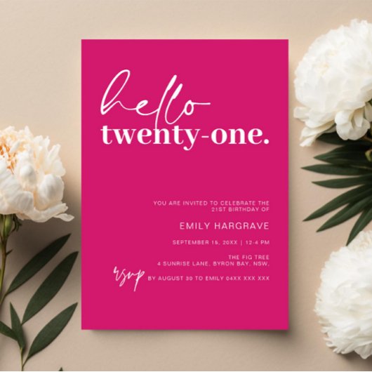 鮮やかなホットピンクのハロー 21歳の誕生日パーティー 招待状