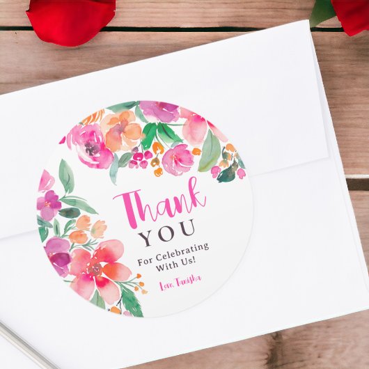 鮮やかなホットピンクの秋の花モチーフの感謝を込めたブライダルシャワー ラウンドシール