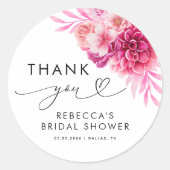 鮮やかなホットピンクの花柄のウェディングシャワーのお礼 ラウンドシール (正面)