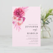 鮮やかなホットピンクの花柄QRコードオールインワンウェディング 招待状 (スタンド正面)