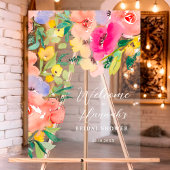 鮮やかなボヘミアンガーデンの花のウェルカム アクリルサイン