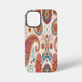 鮮やかなボヘミアン ペイズリー ホワイト フラワー柄 iPhone 12 MINIケース