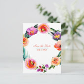 鮮やかなボールドフラワーリング水彩デザインのSave the Date 案内ポストカード (スタンド正面)