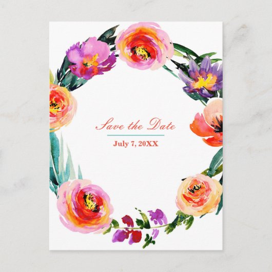 鮮やかなボールドフラワーリース・水彩 Save the Date 案内ポストカード (正面)