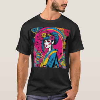 鮮やかなポップアートの芸者 現代の日本人女性 Tシャツ