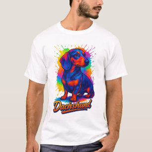 鮮やかなポップアートダックスフント - カラフルネオンドッグ Tシャツ