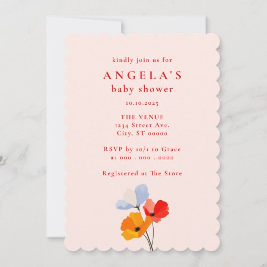 鮮やかなポピー花のベビーシャワー 招待状 (正面)