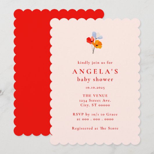 鮮やかなポピー花のベビーシャワー 招待状 (正面/裏面)