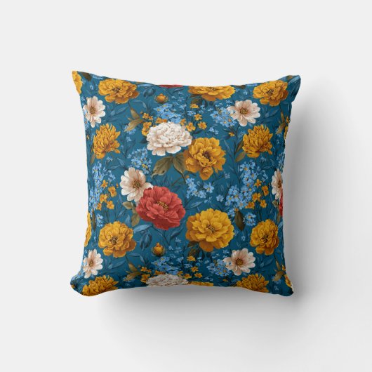鮮やかなマクシマリストイエローとクリームオンブルーフローラ クッション (正面)