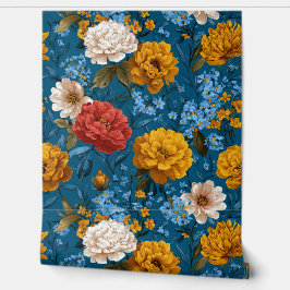 鮮やかなマクシマリストイエローとクリームオンブルーフローラ 壁紙