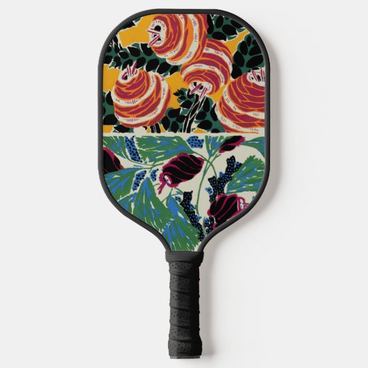 鮮やかなマゼンタとオレンジの抽象的な花の芸術 ピックルボールラケット (正面)
