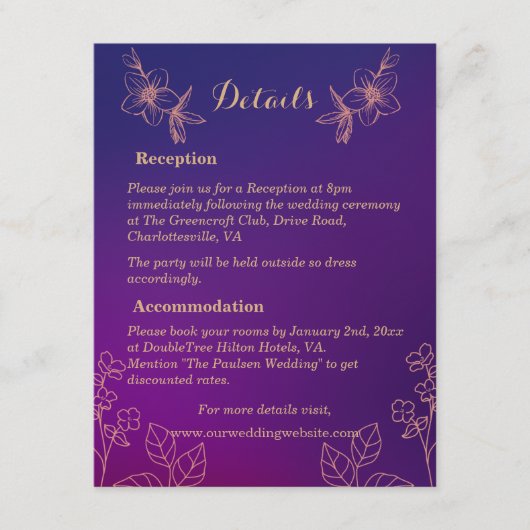 鮮やかなマゼンタパープルと花柄のウェディングカード エンクロージャーカード (正面)