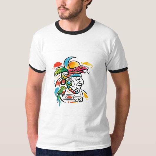 鮮やかなマヤ祭司のヘビ頭飾り Tシャツ (正面)