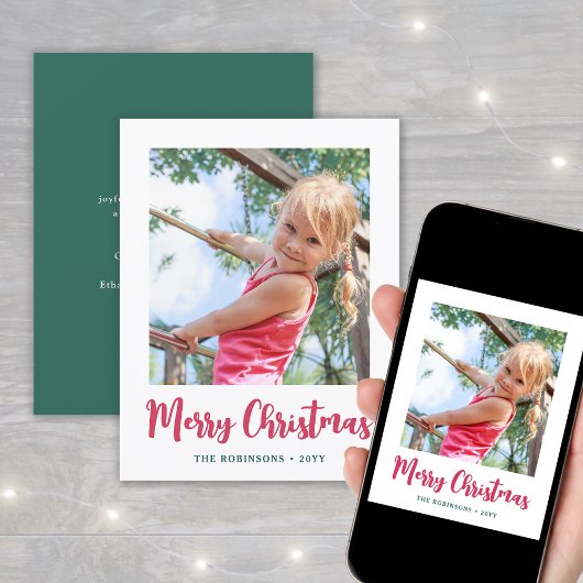 鮮やかなモダンスクリプトのクリスマスカード 写真付 シーズンカード