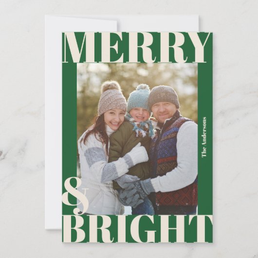 鮮やかなモダン ダークグリーン ホワイト merry & bright フォト シーズンカード (正面)