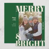 鮮やかなモダン ダークグリーン ホワイト merry & bright フォト シーズンカード (正面/裏面)