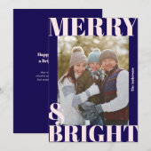 鮮やかなモダン ネイビーブルー ピンク メリー＆ブライト フォト シーズンカード (正面/裏面)