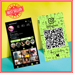 鮮やかなライムグリーンのサロンInstagramソーシャルQR 名刺