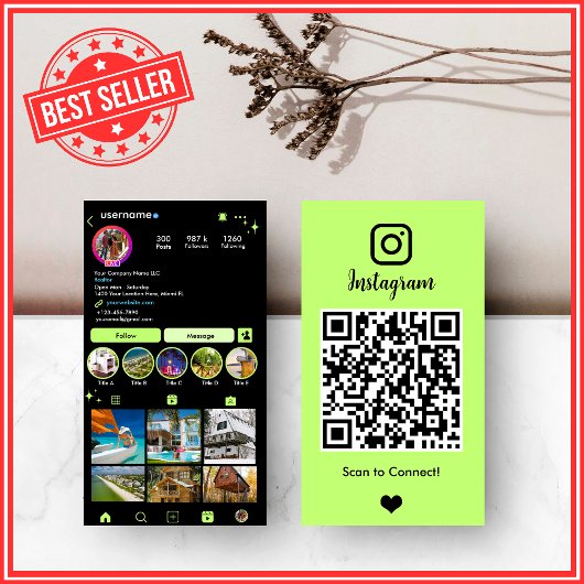 鮮やかなライムグリーンの不動産屋Instagram QR 名刺
