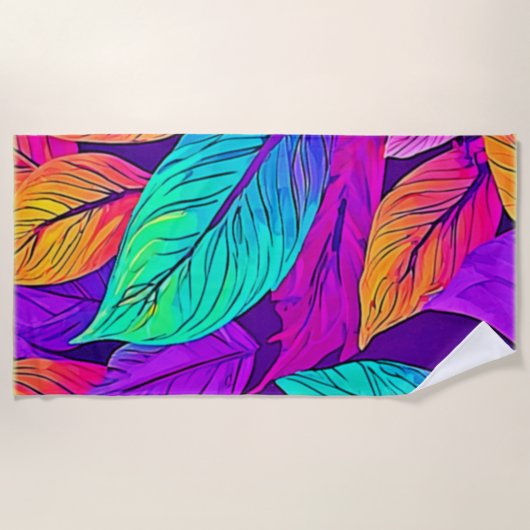 鮮やかなリーフパターン ビーチタオル (正面)