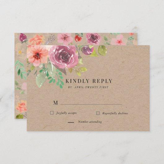 鮮やかなルスティックサマー フローラル RSVP 返信カード (正面/裏面)