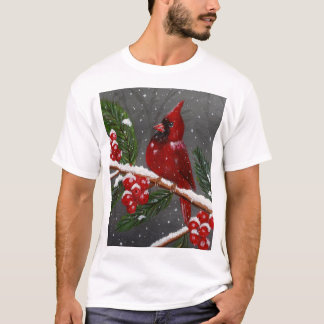 鮮やかなレッドカーディナル手描きTシャツ Tシャツ