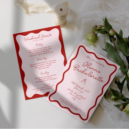 鮮やかなレトロピンクと赤 | ブライズメイドパーティー 招待状