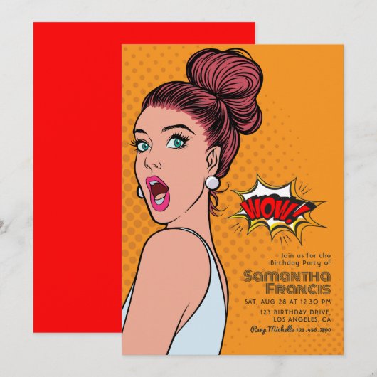 鮮やかなレトロポップアートの誕生日パーティー 招待状 (正面/裏面)