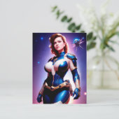 鮮やかなレトロ50年代の女性Sci Fi宇宙レンジャー ポストカード (スタンド正面)