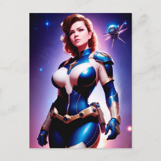 鮮やかなレトロ50年代の女性Sci Fi宇宙レンジャー ポストカード (正面)
