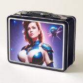 鮮やかなレトロ50年代の女性Sci Fi宇宙レンジャー メタルランチボックス (裏面)