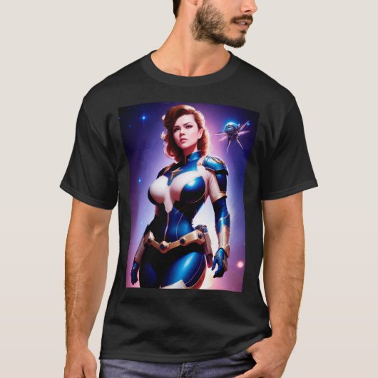 鮮やかなレトロ50年代の女性Sci Fi宇宙レンジャー Tシャツ (正面)