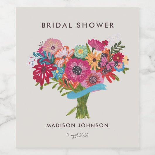 鮮やかなワイルドフラワーのブライダルシャワーパーティー ワインラベル (シングルラベル)