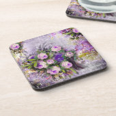 鮮やかなヴィンテージの紫色のバラの緑のラベンダー3D コースター (左側)