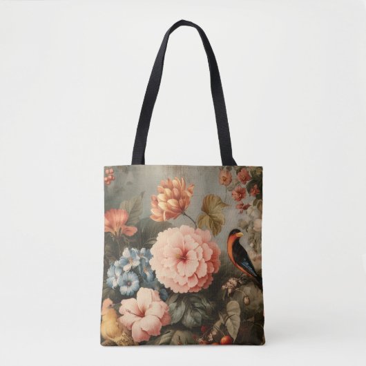 鮮やかなヴィンテージの花と鳥のシーン トートバッグ (正面)