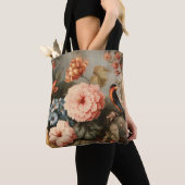 鮮やかなヴィンテージの花と鳥のシーン トートバッグ (クローズアップ)