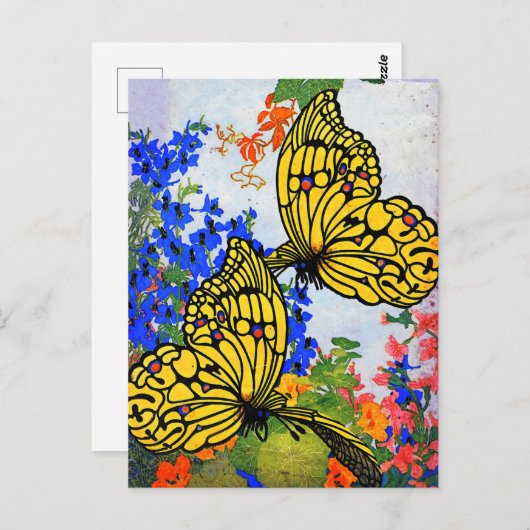 鮮やかなヴィンテージ1920蝶と庭の花 ポストカード (正面/裏面)