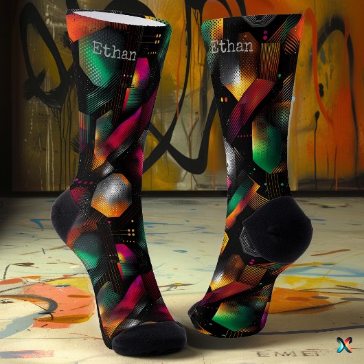 鮮やかな六角（グラデーション付きエメラルドとマゼンタ） ソックス