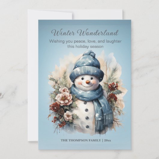 鮮やかな冬のワンダーランドの雪だるま アイスブルー シーズンカード (正面)