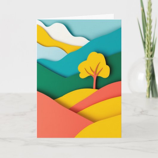 鮮やかな切り絵の山と木 カード (正面)