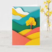 鮮やかな切り絵の山と木 カード (黄色い花)