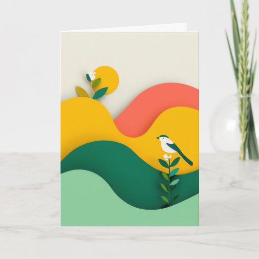 鮮やかな切り絵の鳥の花 カード (正面)