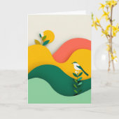 鮮やかな切り絵の鳥の花 カード (黄色い花)